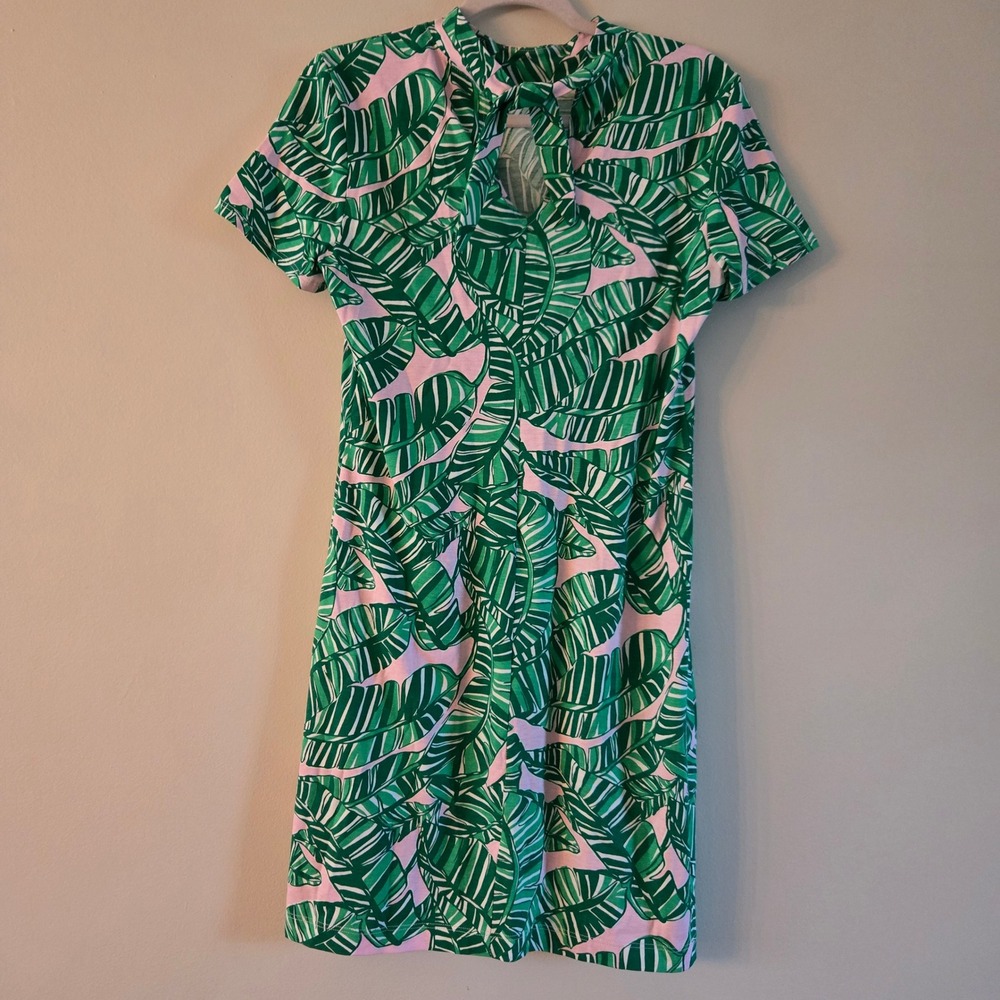 Lilly Pulitzer Green Pink Banana Leaf Pima Cotton Tie Neck Dress M Resort Tropic